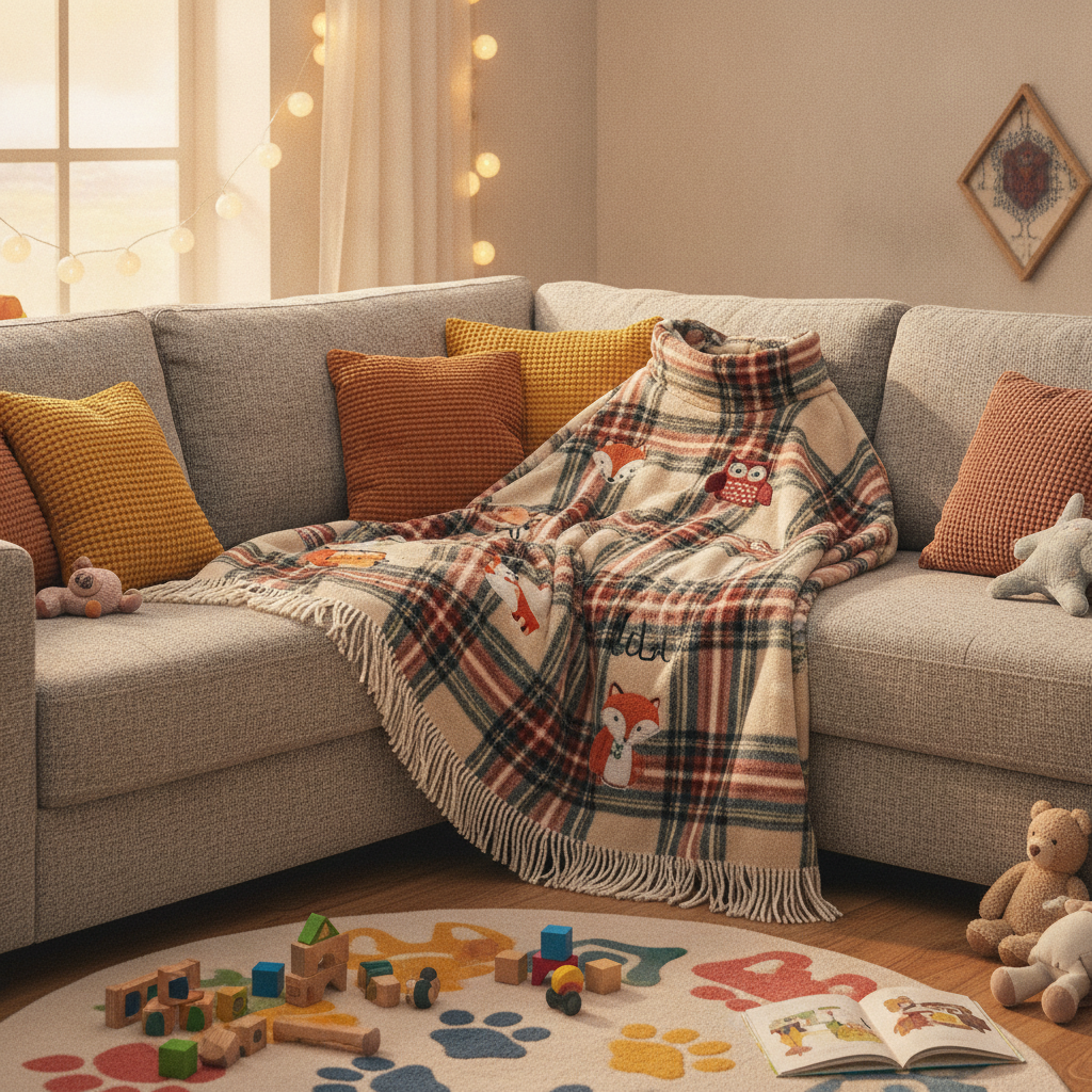 Enfant enveloppé dans un poncho plaid polaire à motif animal sur un canapé
