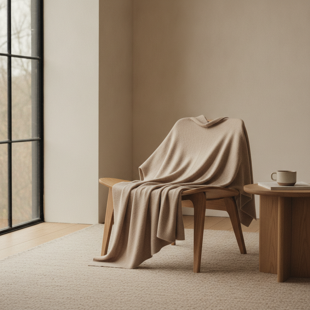 Poncho en cachemire beige plié, matière douce et lumineuse