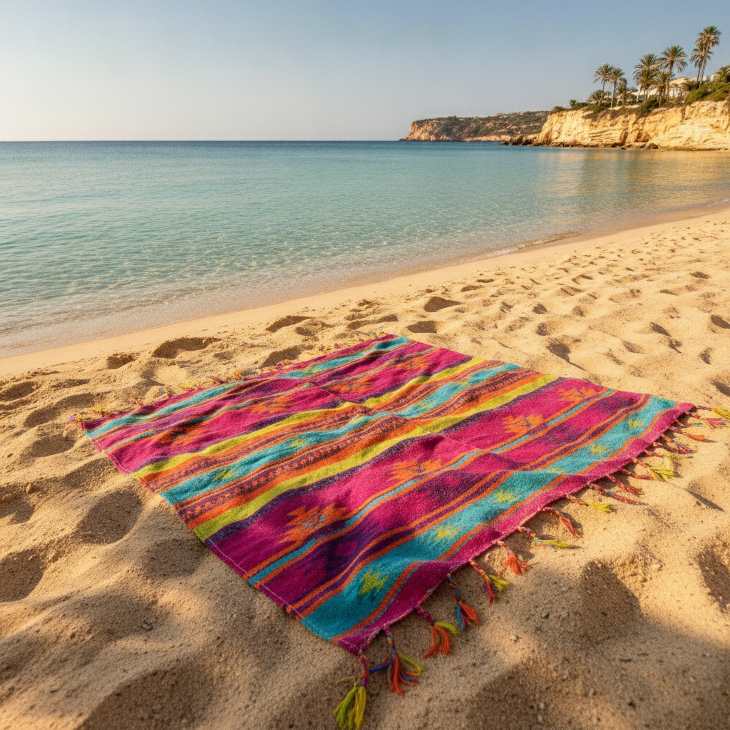 Poncho de plage coloré posé sur le sable face à la mer en été