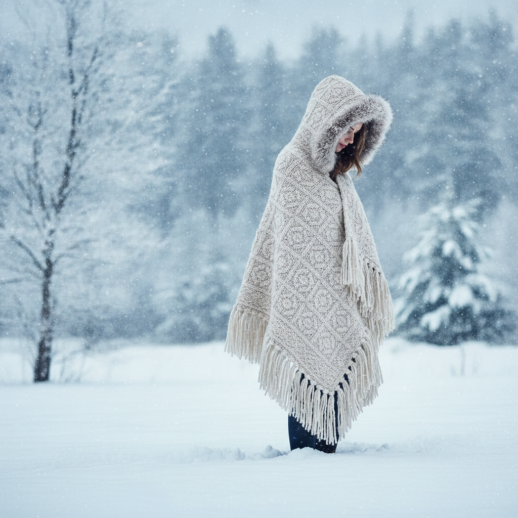 Femme emmitouflée dans un poncho chaud en extérieur sous la neige