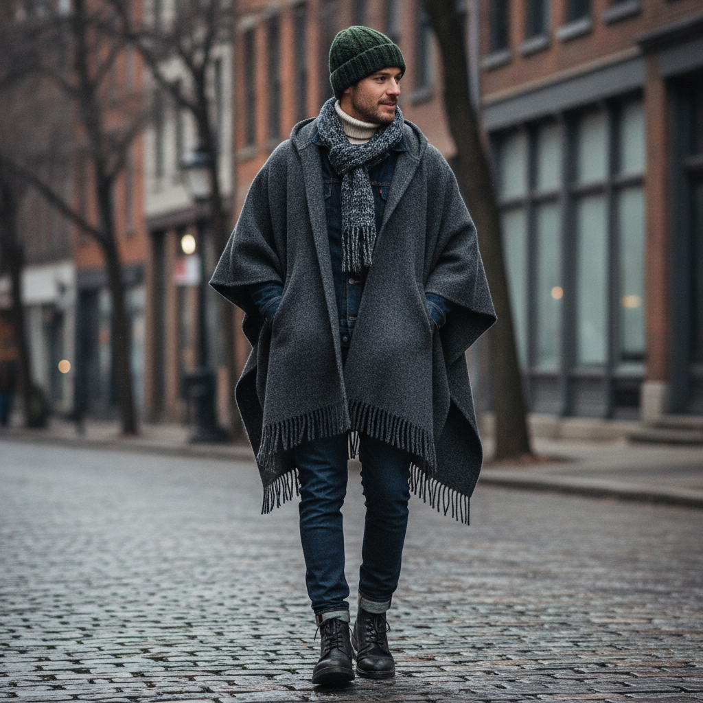 Homme élégant portant un poncho en laine foncé avec un jean en hiver
