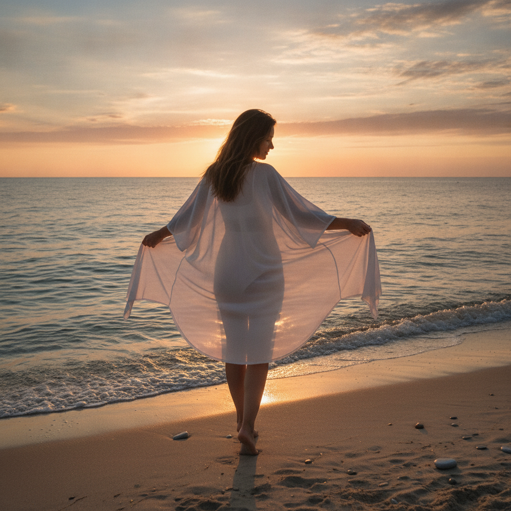 Femme en poncho léger d'été au bord de la mer au coucher du soleil