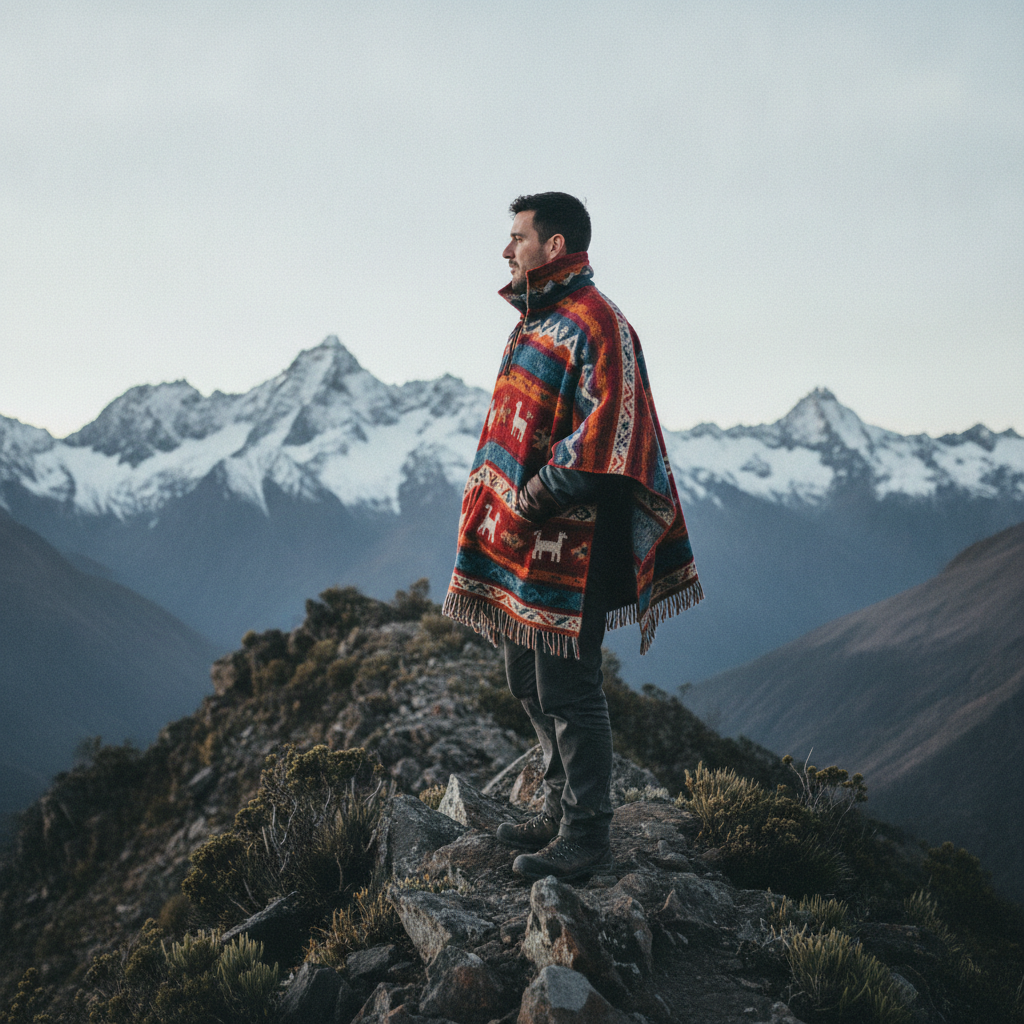 Homme portant un poncho péruvien en laine à motifs andins dans un paysage de montagne