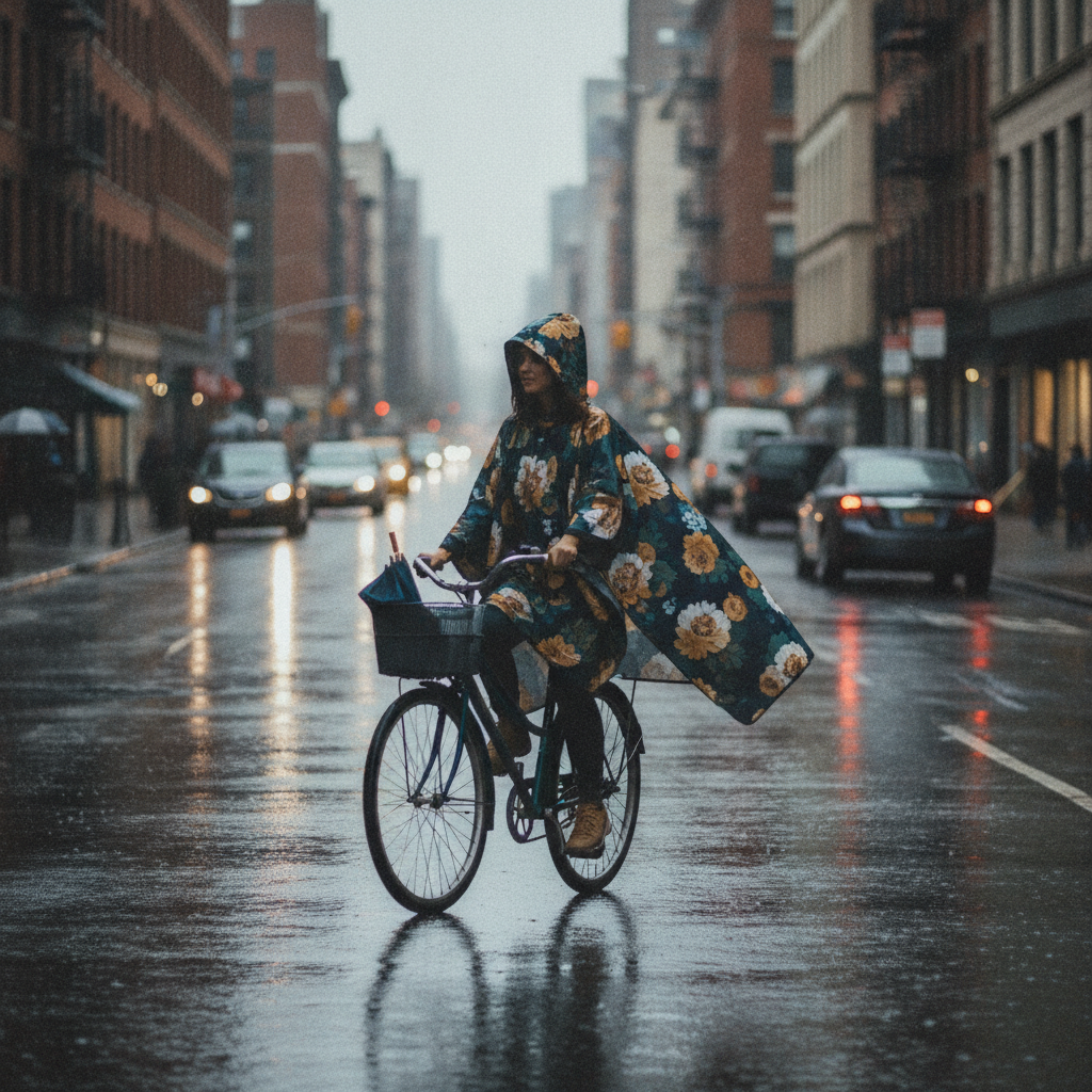 Femme à vélo en ville portant un poncho de pluie fleuri sous une averse