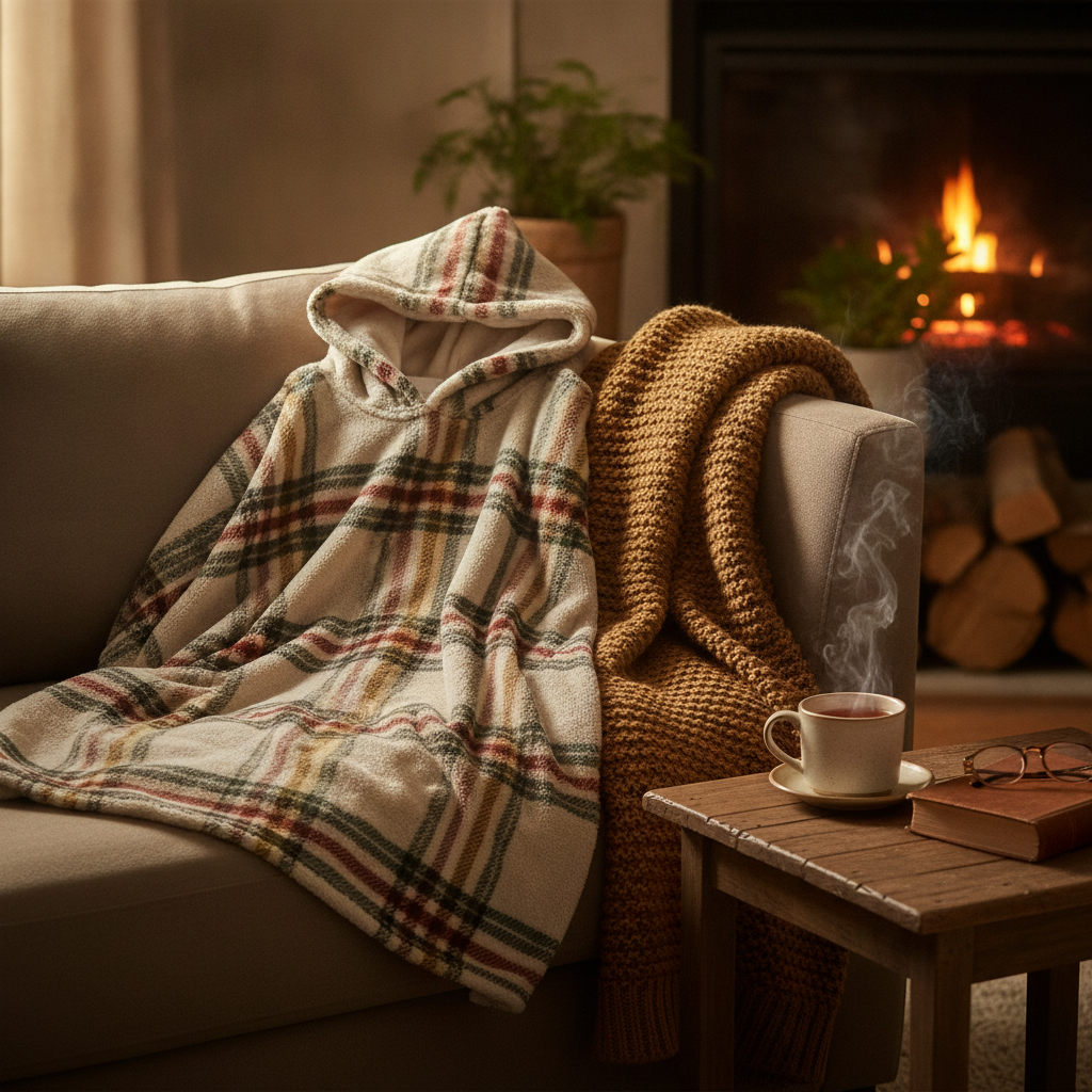 Personne enveloppée dans un poncho plaid polaire douillet sur un canapé