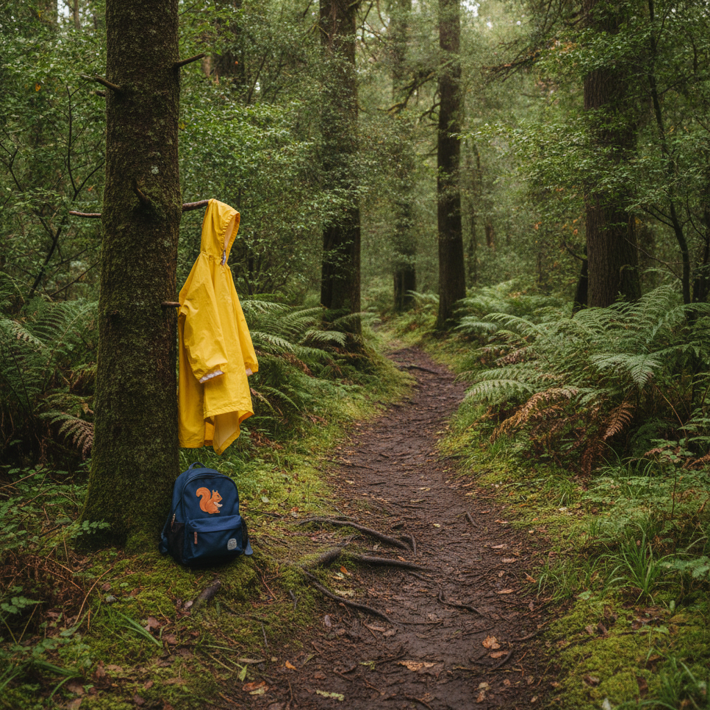 Enfant en poncho de pluie sur un sentier de randonnée en forêt