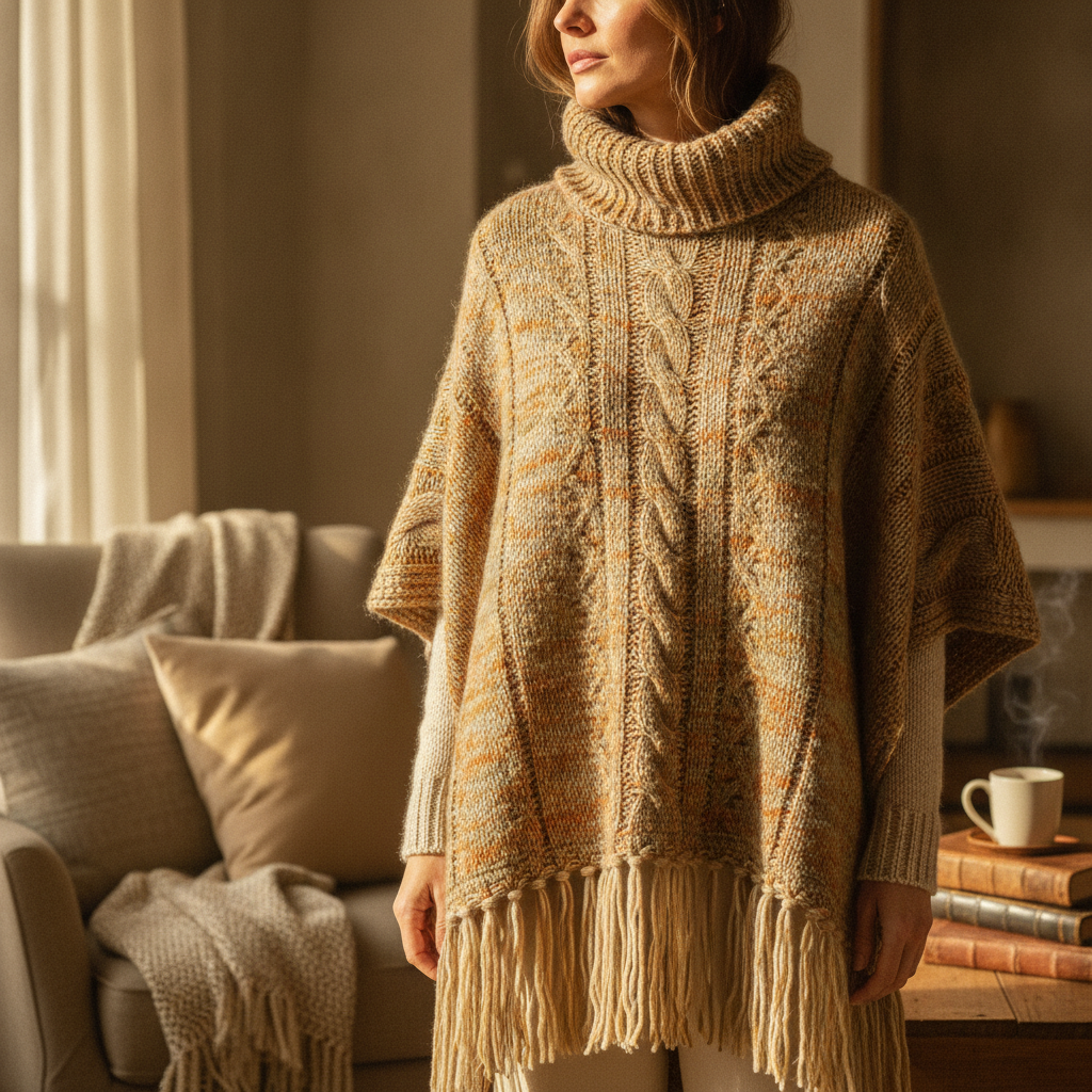 Femme portant un pull poncho en maille beige avec un col roulé