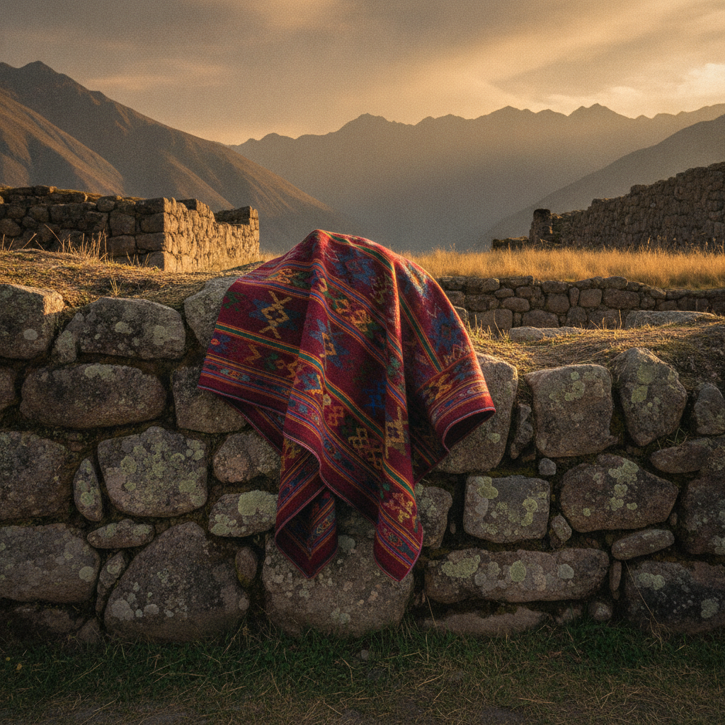 Poncho traditionnel andin en laine aux motifs colorés posé sur un mur de pierre