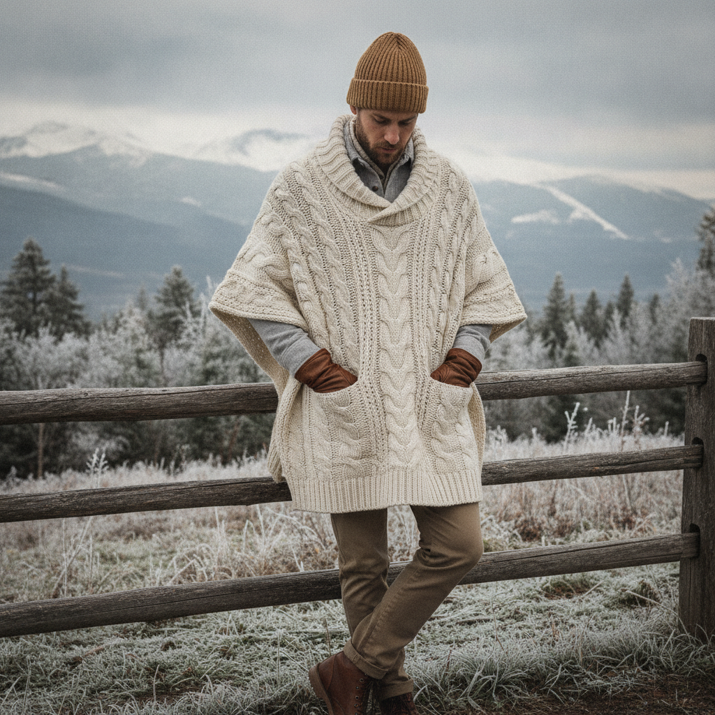Homme portant un pull poncho en maille dans une tenue casual d'hiver
