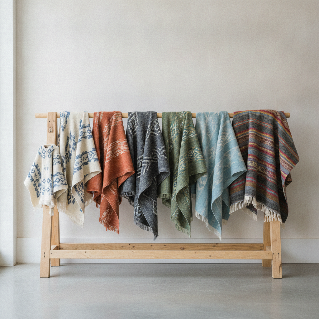 Ponchos de différentes tailles présentés côte à côte sur un présentoir