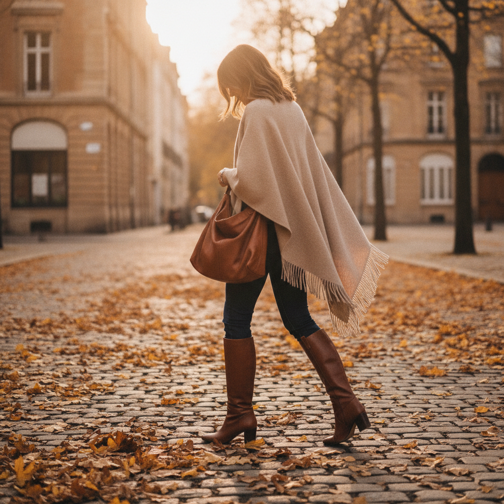 Femme élégante portant un poncho en laine beige avec des bottes en automne