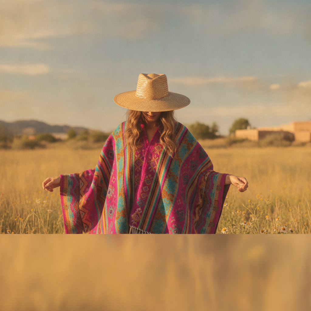 Poncho femme aux motifs mexicains colorés porté dans un décor lumineux