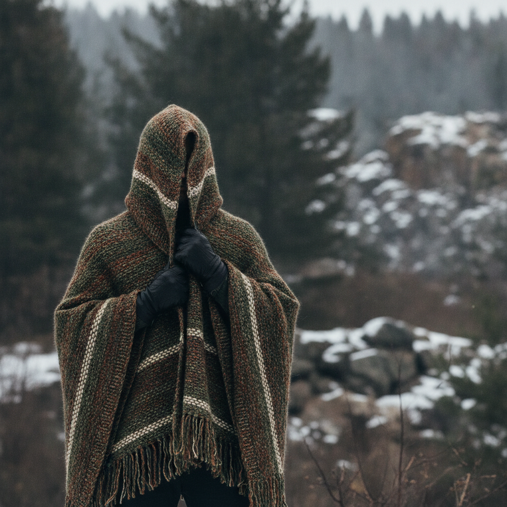 Homme portant un poncho en laine naturelle dans un décor hivernal