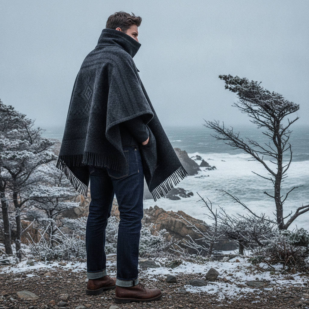 Homme portant un poncho chaud foncé en extérieur sous un ciel d'hiver
