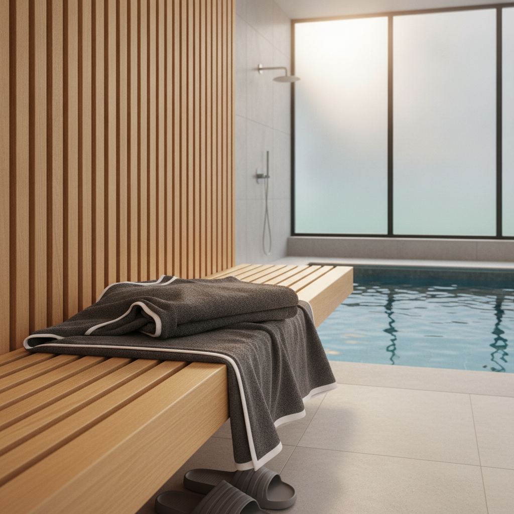 Poncho de bain homme posé dans un vestiaire après le sport