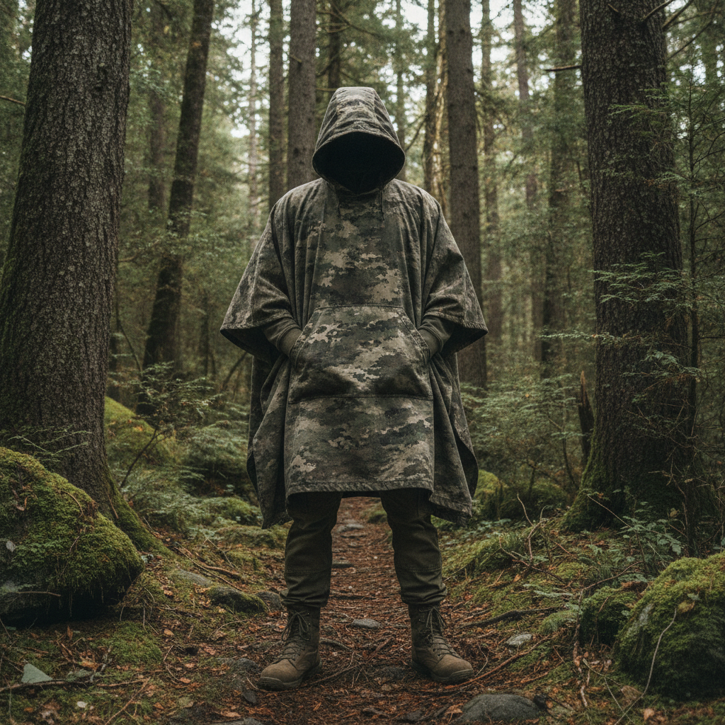 Poncho militaire camouflage porté en extérieur dans un décor nature
