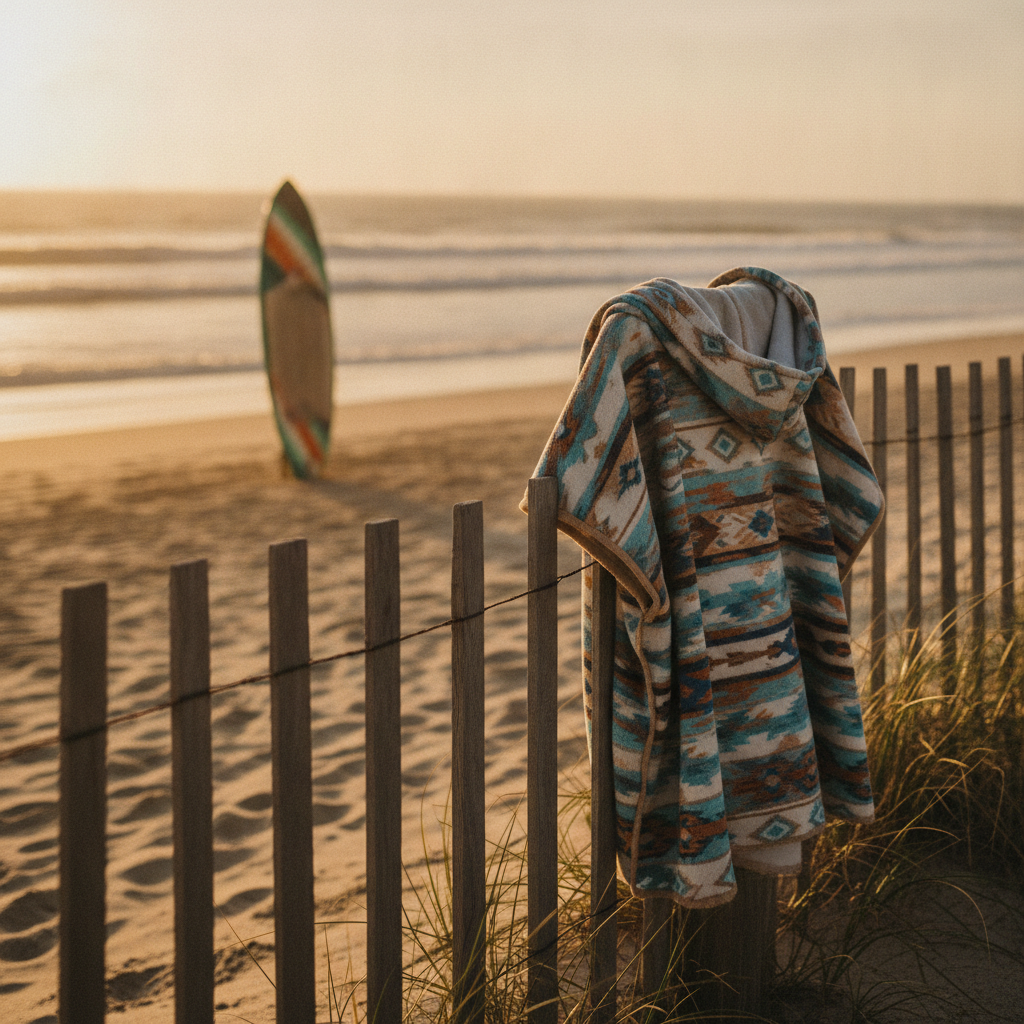 Poncho de surf en microfibre suspendu sur une plage au coucher du soleil