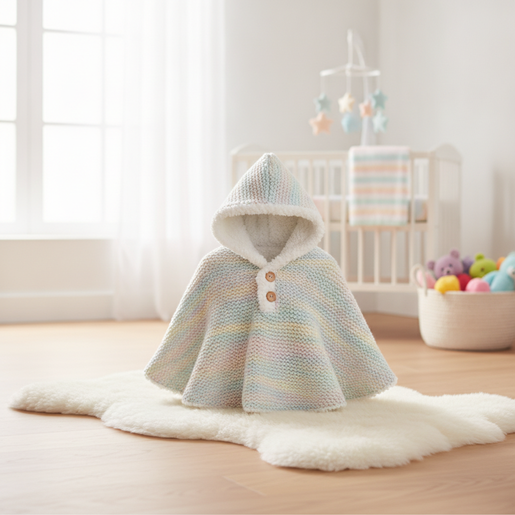 Poncho bébé polaire tout doux avec capuche, posé dans une chambre d'enfant