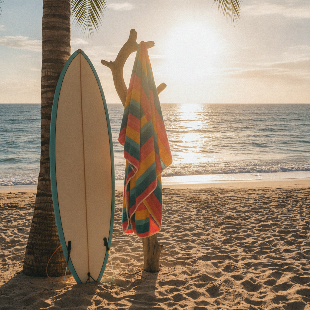 Poncho surf femme coloré suspendu sur une plage avec une planche de surf