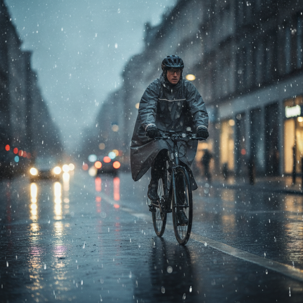 Cycliste portant un poncho de pluie imperméable sous une averse en ville
