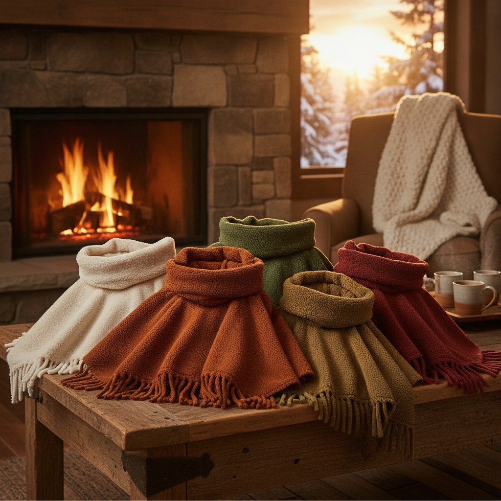 Ponchos polaires douillets pour toute la famille posés ensemble
