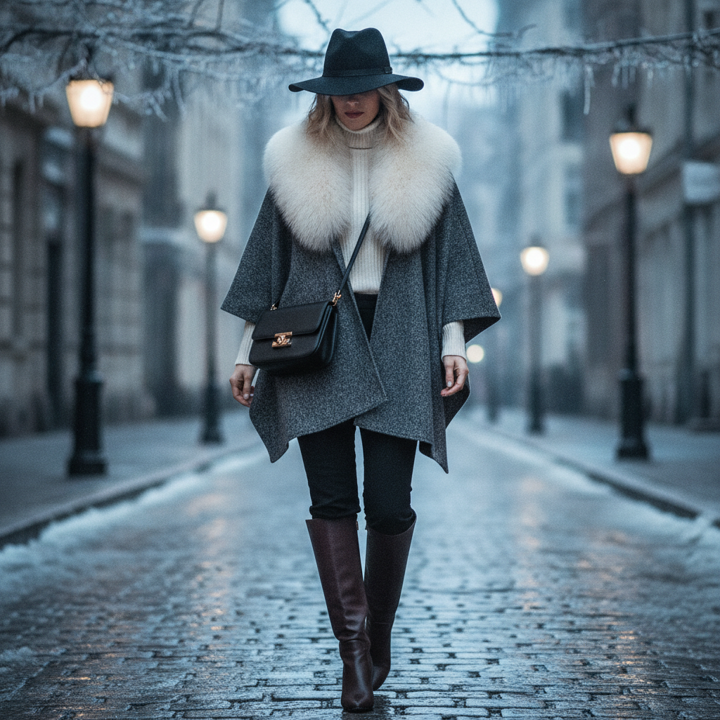 Femme élégante en poncho à col de fourrure dans une rue hivernale