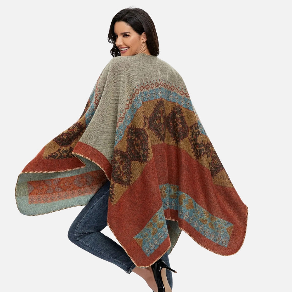 Cape Poncho Femme Ethnique - Bordeaux