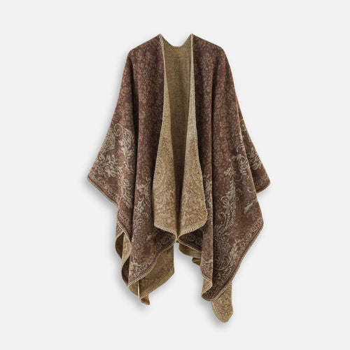 Cape Poncho Femme Motif Fleur - Marron
