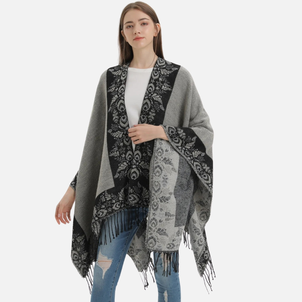 Cape Poncho à Franges Motifs Floraux - Café