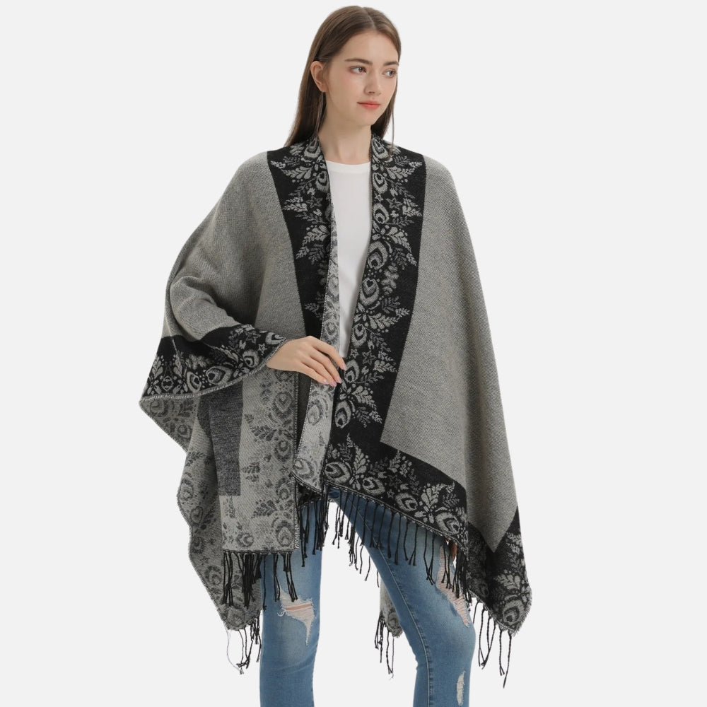 Cape Poncho à Franges Motifs Floraux - Gris Foncé