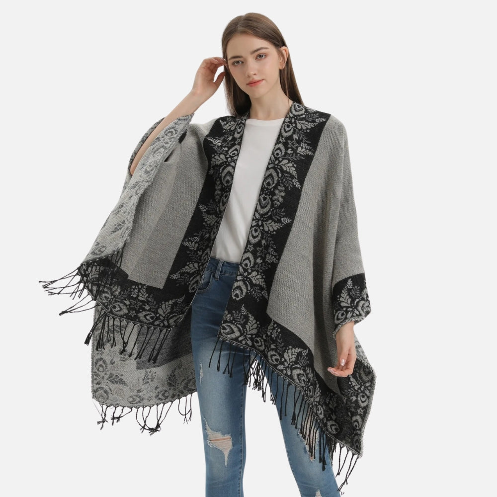 Cape Poncho à Franges Motifs Floraux - Camel