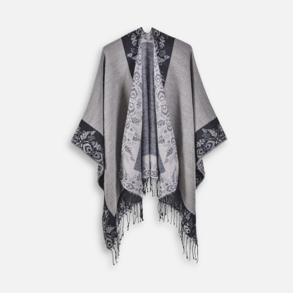 Cape Poncho à Franges Motifs Floraux - Orange