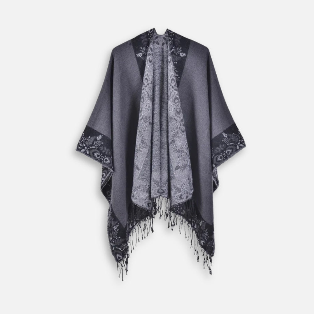Cape Poncho à Franges Motifs Floraux - étiquette