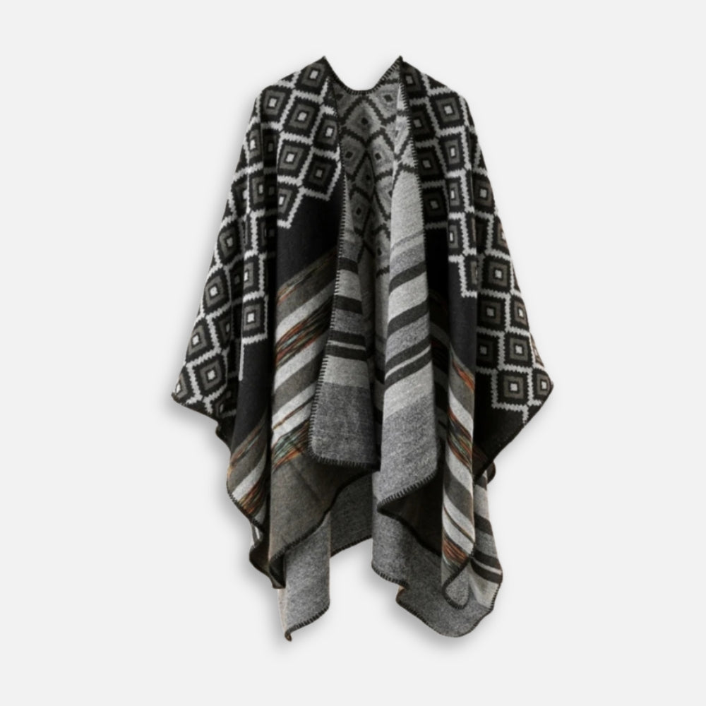 Cape Poncho Motifs Géométriques - Noir