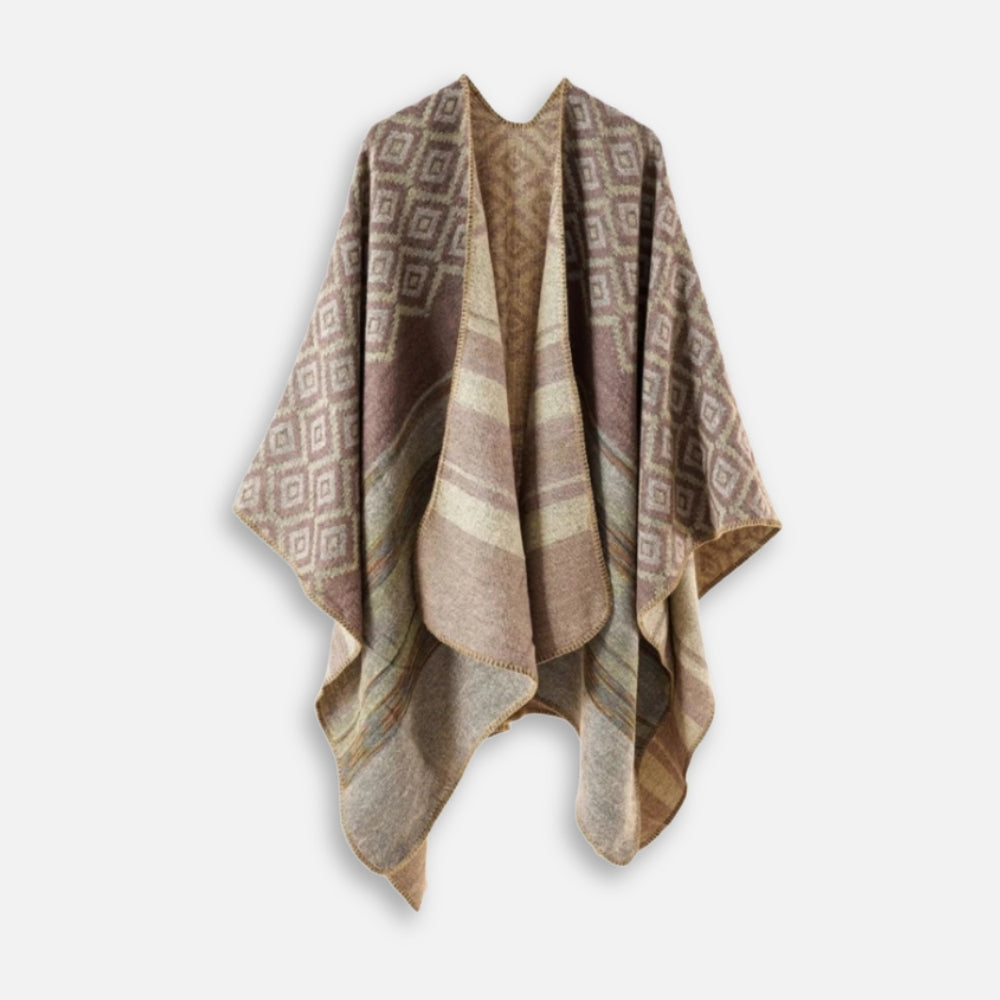Cape Poncho Motifs Géométriques - Kaki