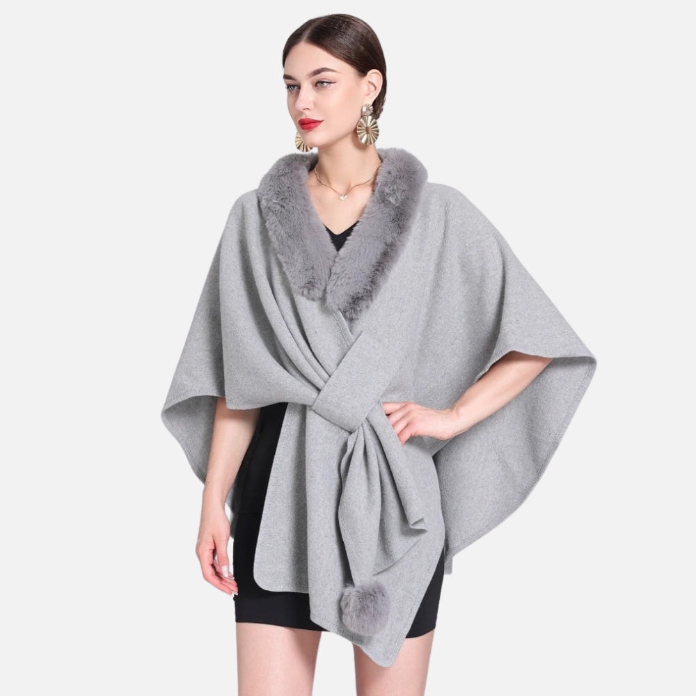 Manteau Poncho Col Fourrure - Gris Clair