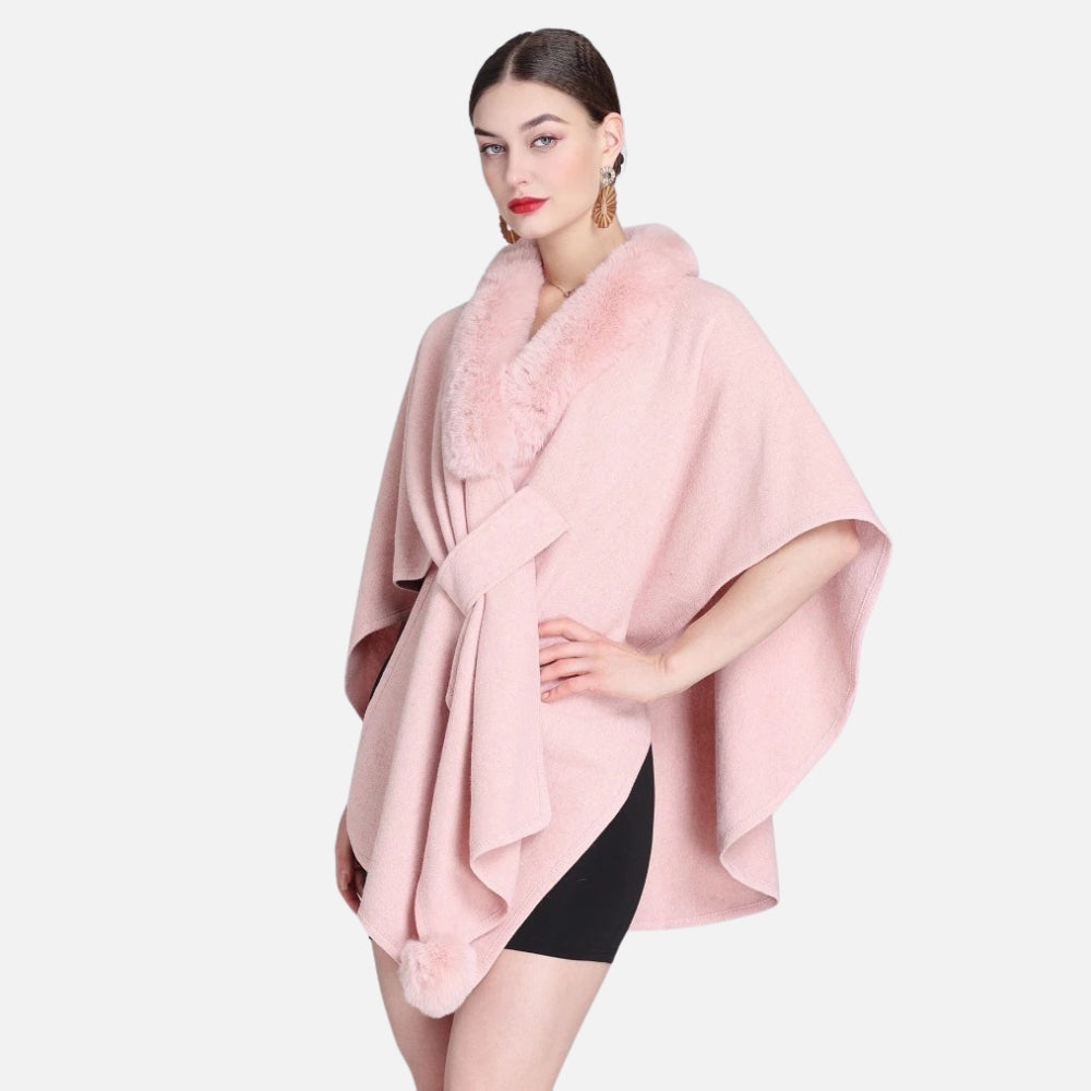 Manteau Poncho Col Fourrure - Rose