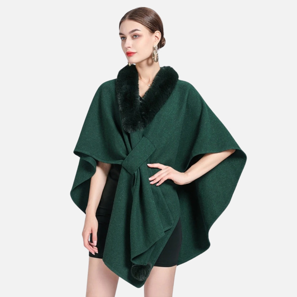 Manteau Poncho Col Fourrure - Vert