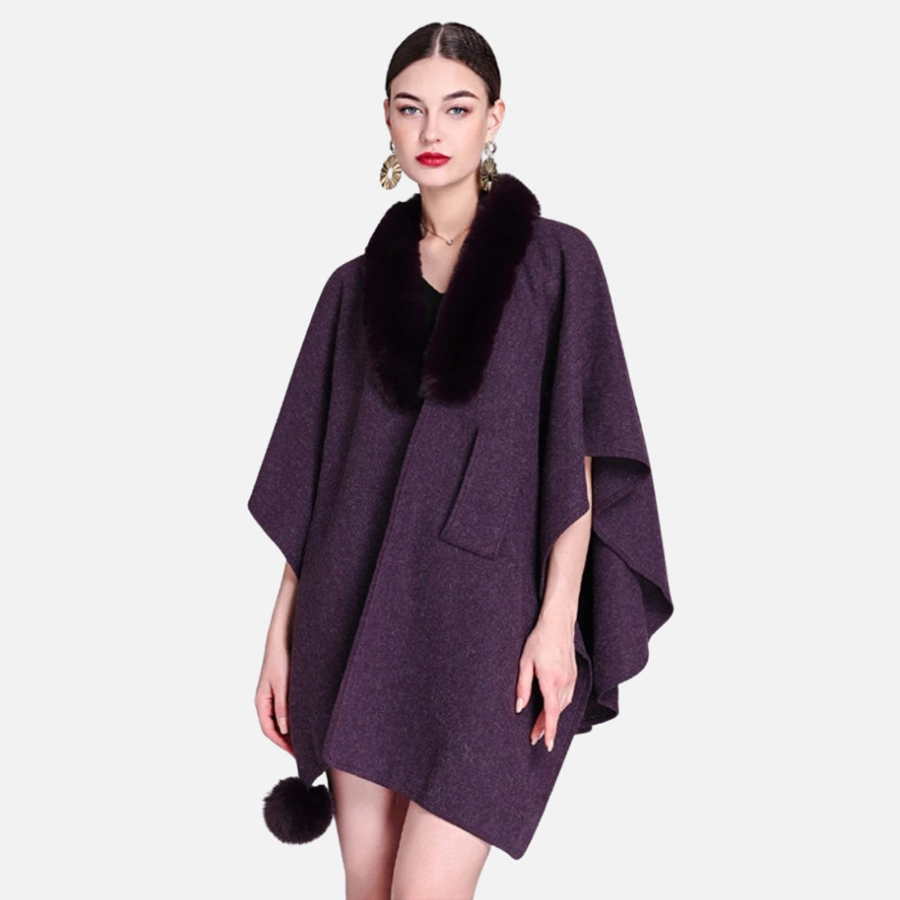 Manteau Poncho Col Fourrure - Violet