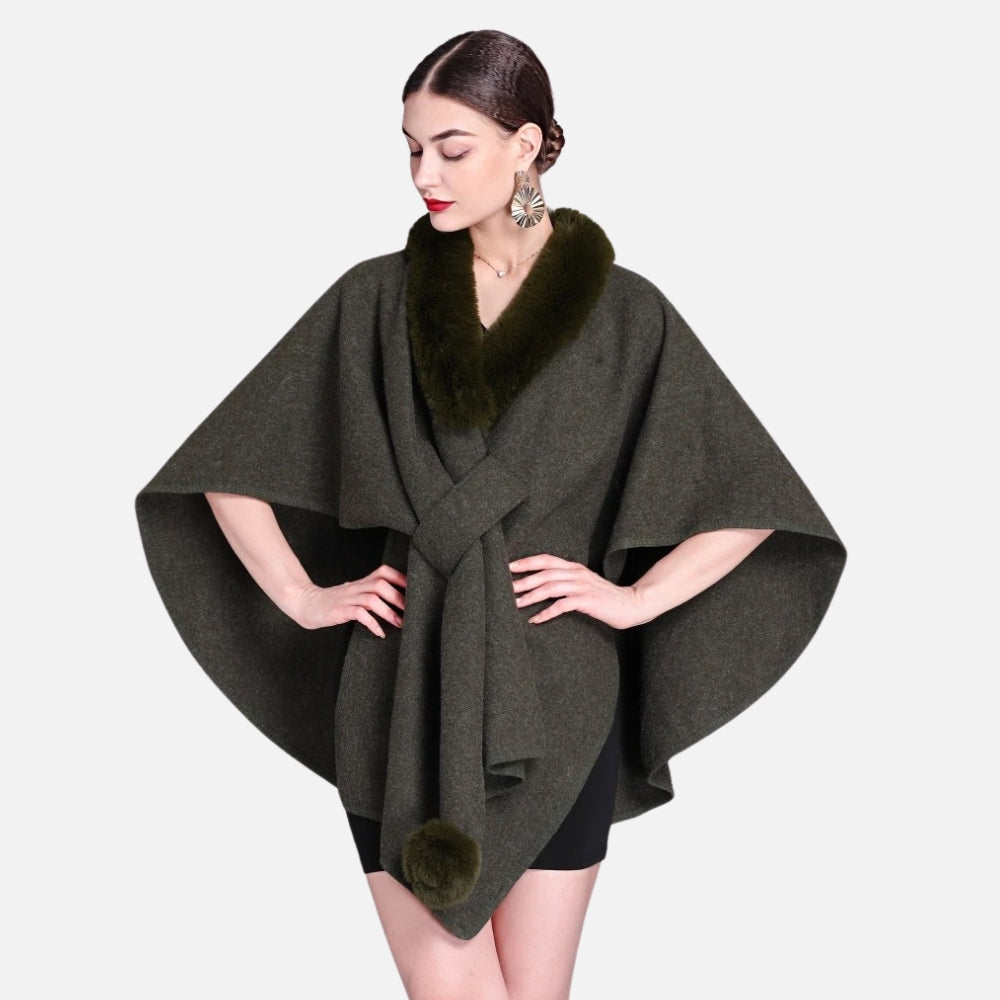 Manteau Poncho Col Fourrure - Vert Foncé