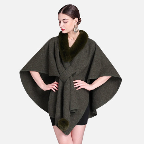 Manteau Poncho Col Fourrure - Vert Foncé