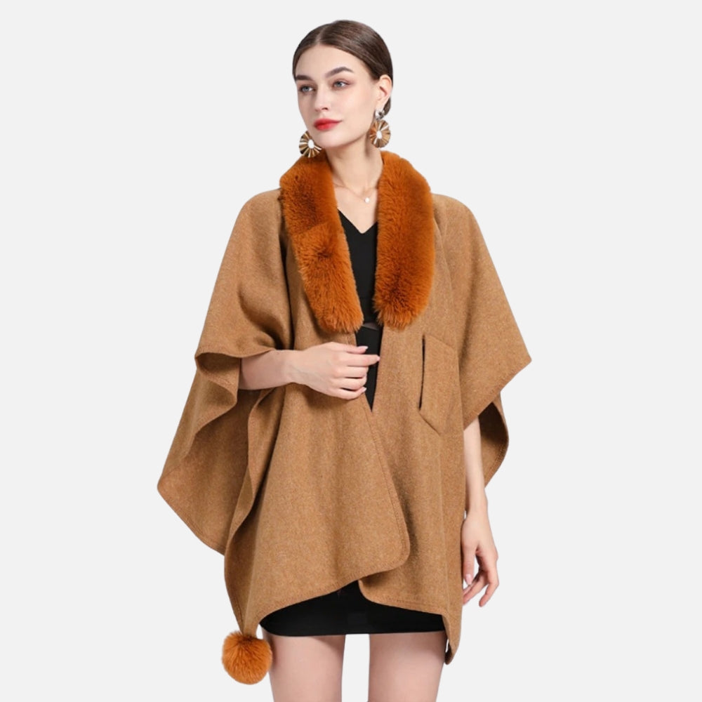 Manteau Poncho Col Fourrure - Camel