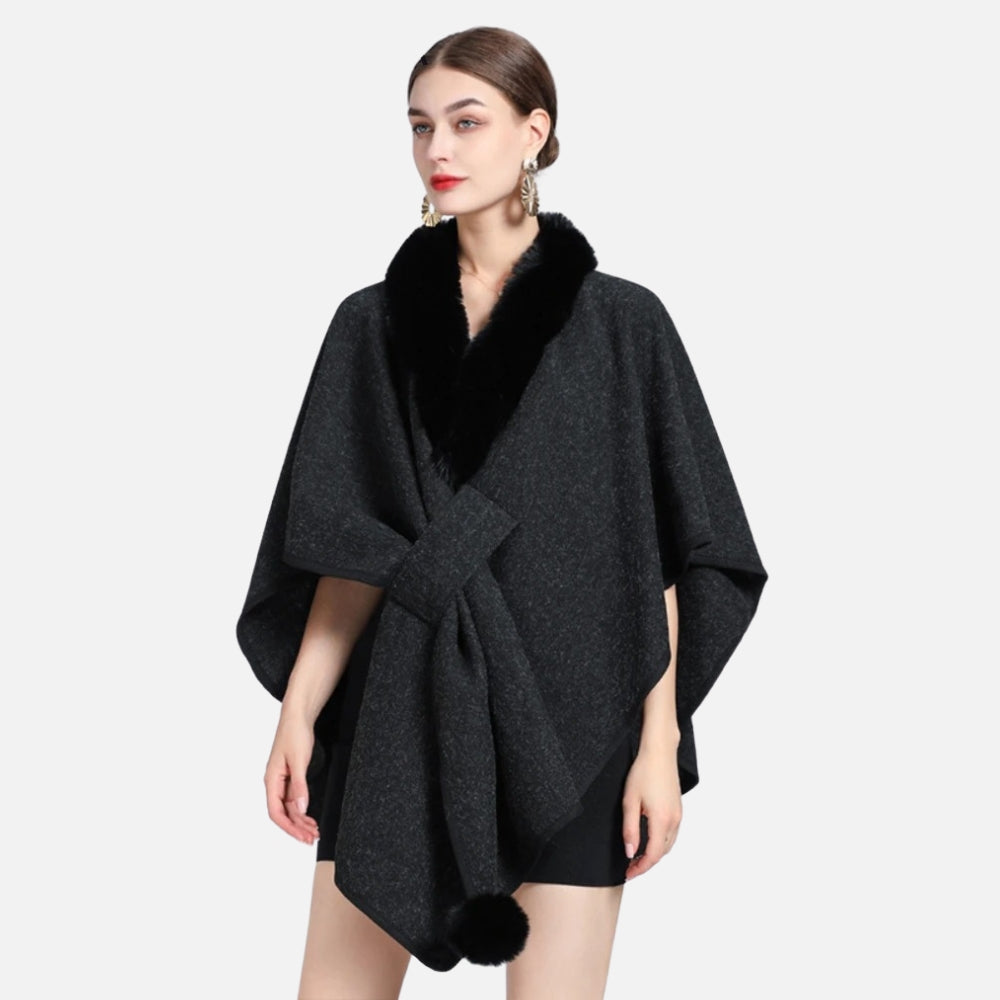 Manteau Poncho Col Fourrure - Noir