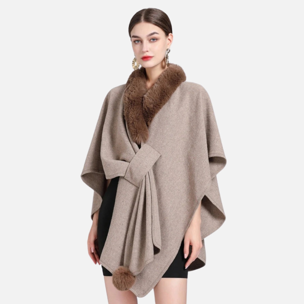 Manteau Poncho Col Fourrure - Kaki