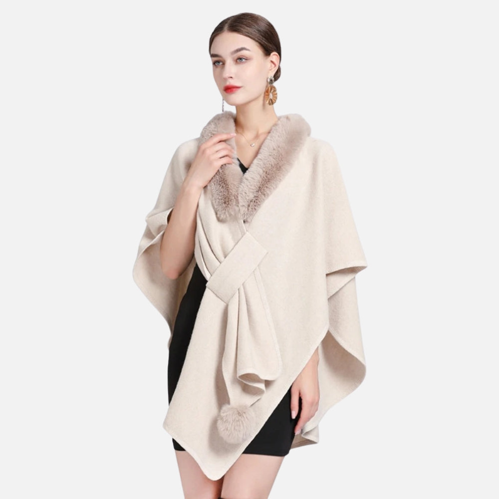 Manteau Poncho Col Fourrure - Beige