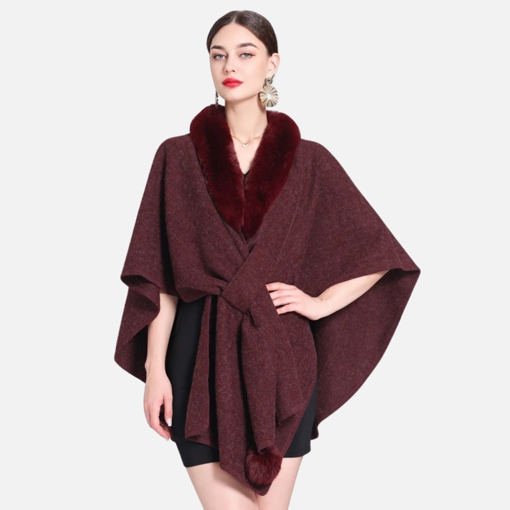 Manteau Poncho Col Fourrure - Bordeaux