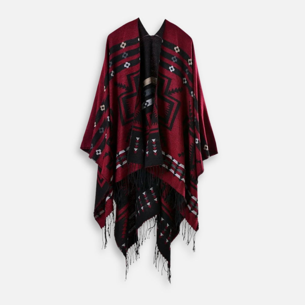 Poncho Rouge Motifs Croix Mexicaine - dos
