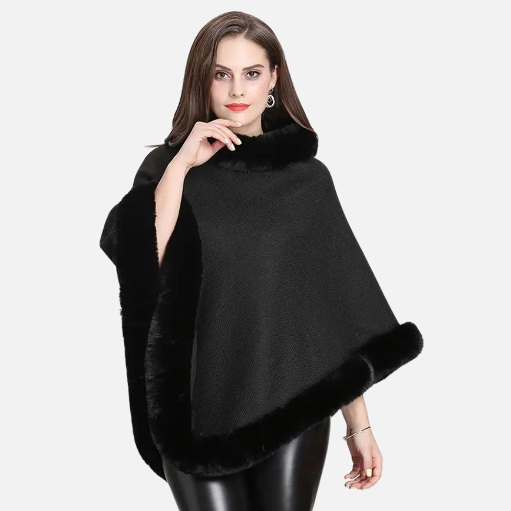 Poncho Bordé de Fourrure - Rouge