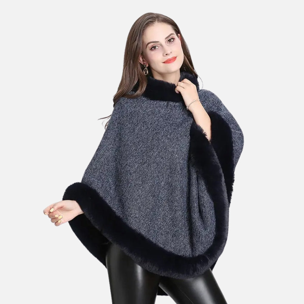 Poncho Bordé de Fourrure - Bleu
