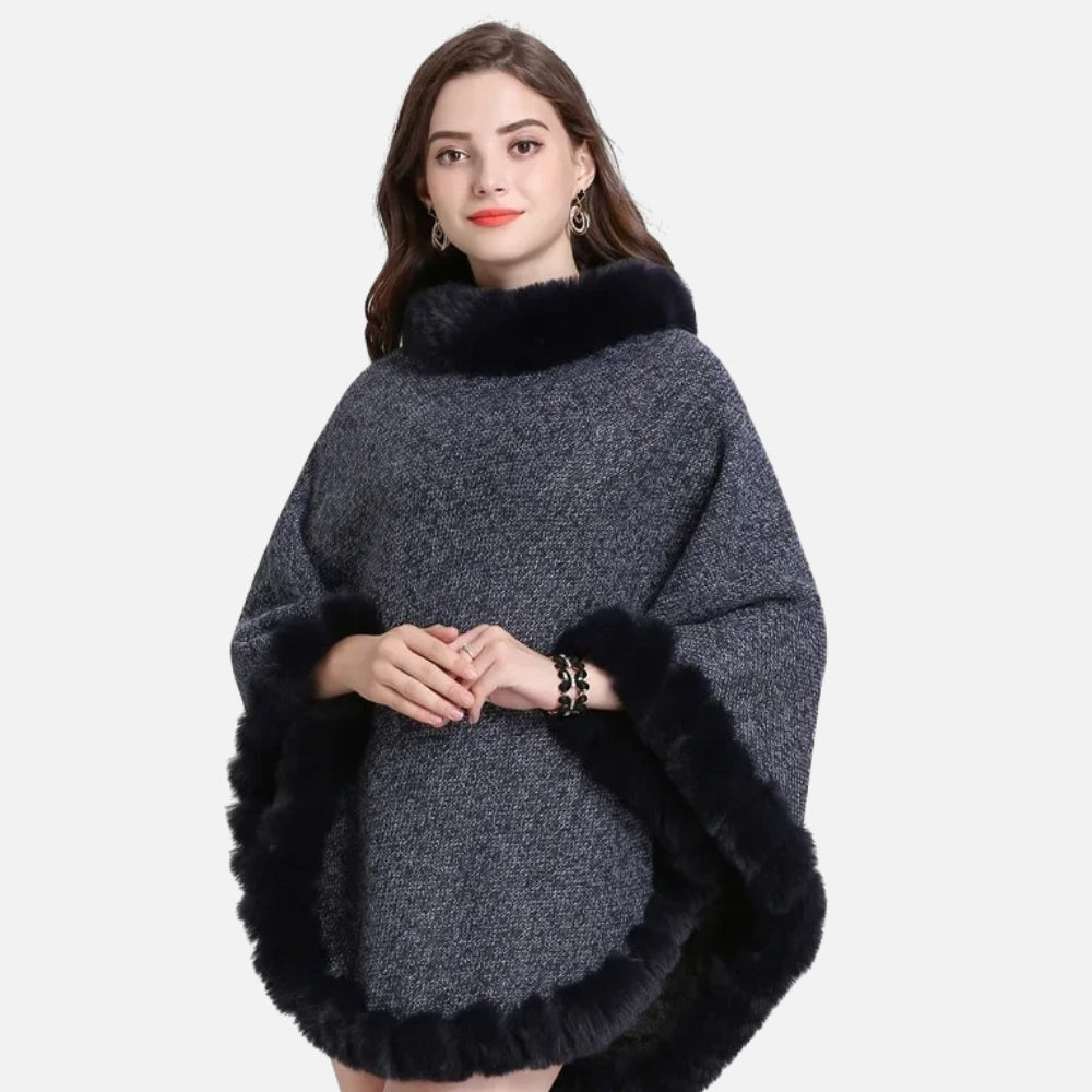 Poncho Bordé de Fourrure - Noir